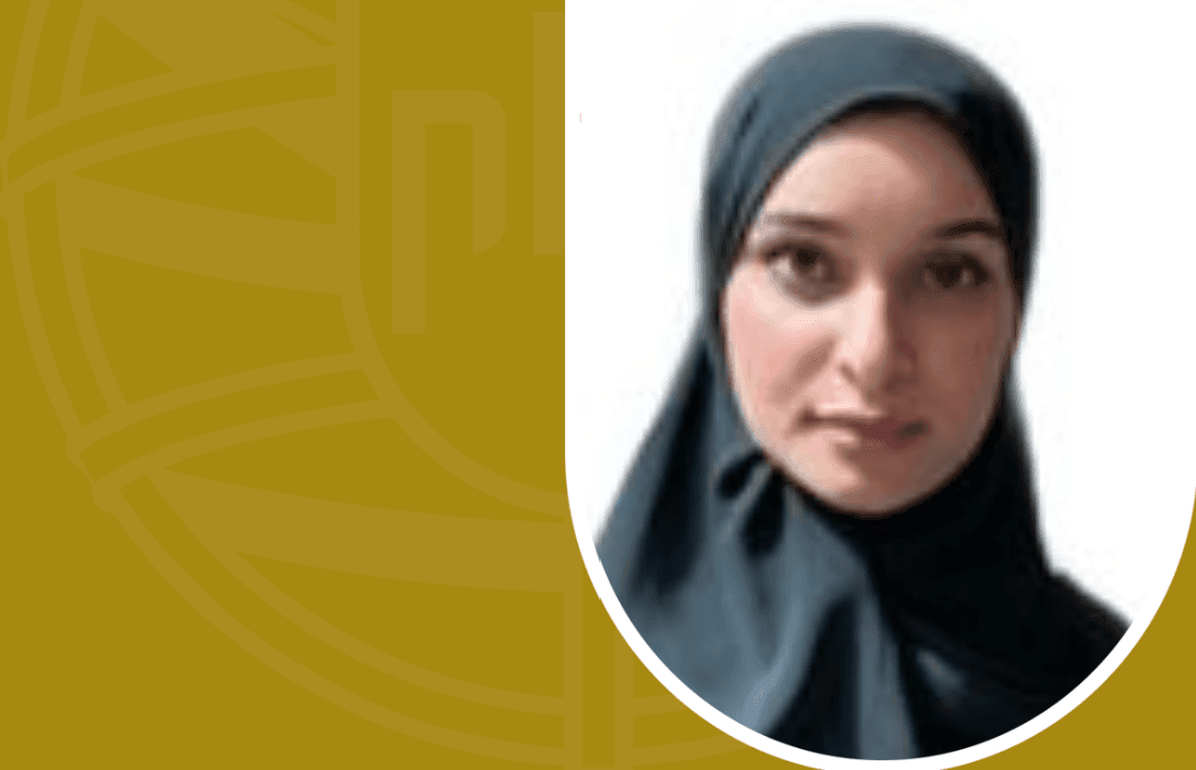 Portrait of a person wearing a hijab with a blurred yellow background featuring abstract shapes.