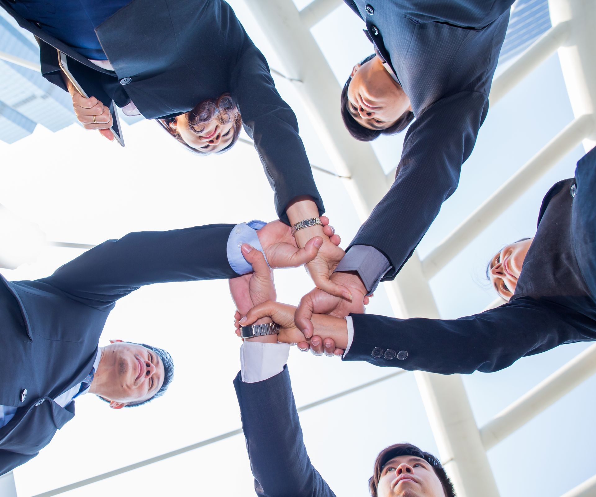 Team Teamwork Togetherness. business people making pile of hands. Collaboration, Key of Success of Team Business Project, Mission Complete Concept.